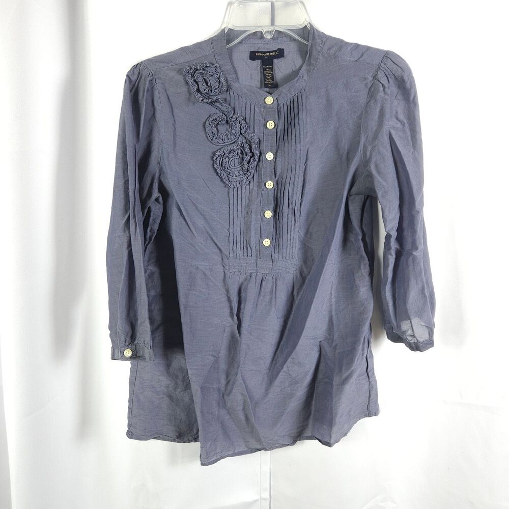 Banana Republic Women's Medium Dusty Blue Pintuck Pleated‎ Silk Blouse